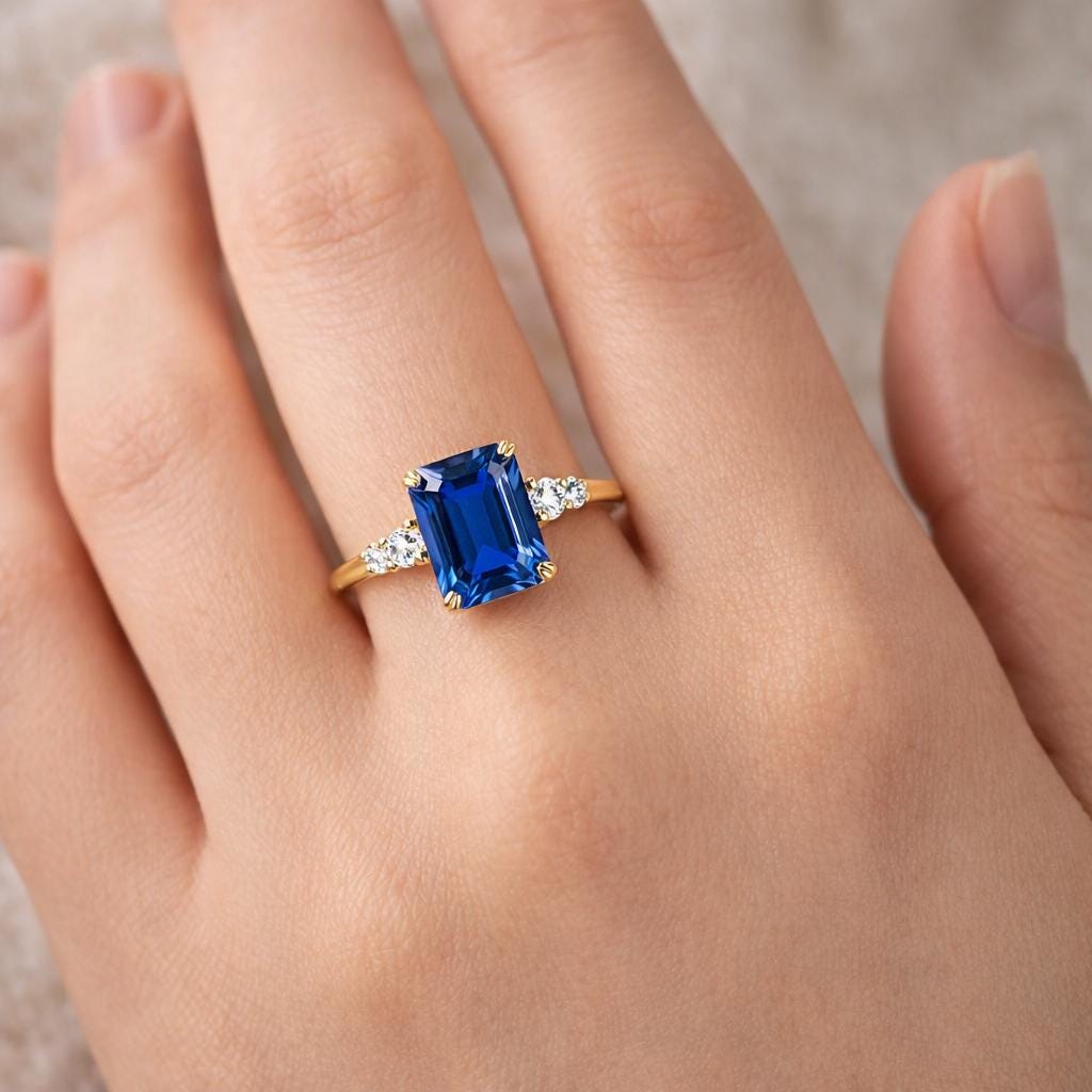 Emerald Cut Blue Sapphire & Moissanite Engagement Ring