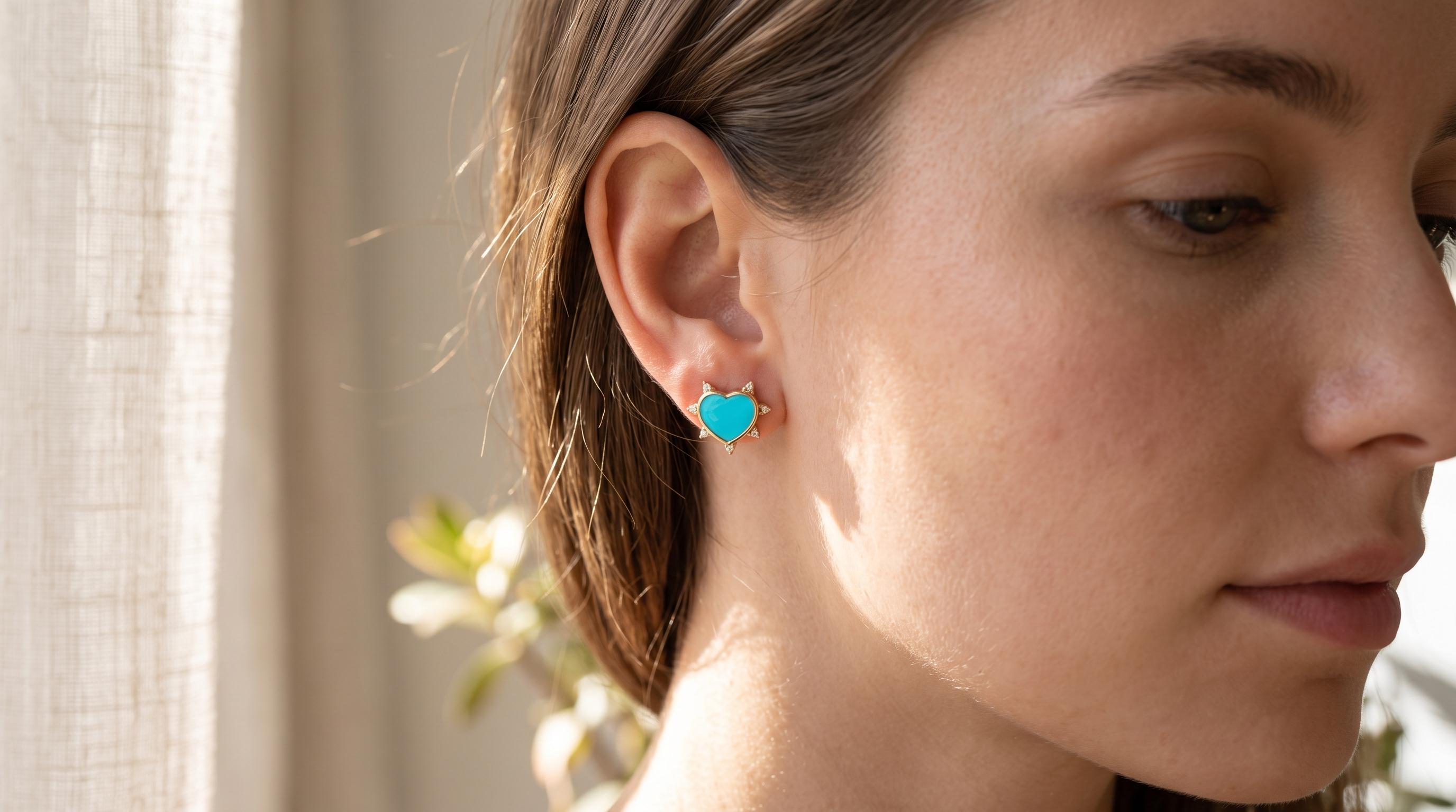 Lab Turquoise Heart Stud Earrings with Moissanite Halo, Starburst Heart Studs in Gold | December Birthstone Gift