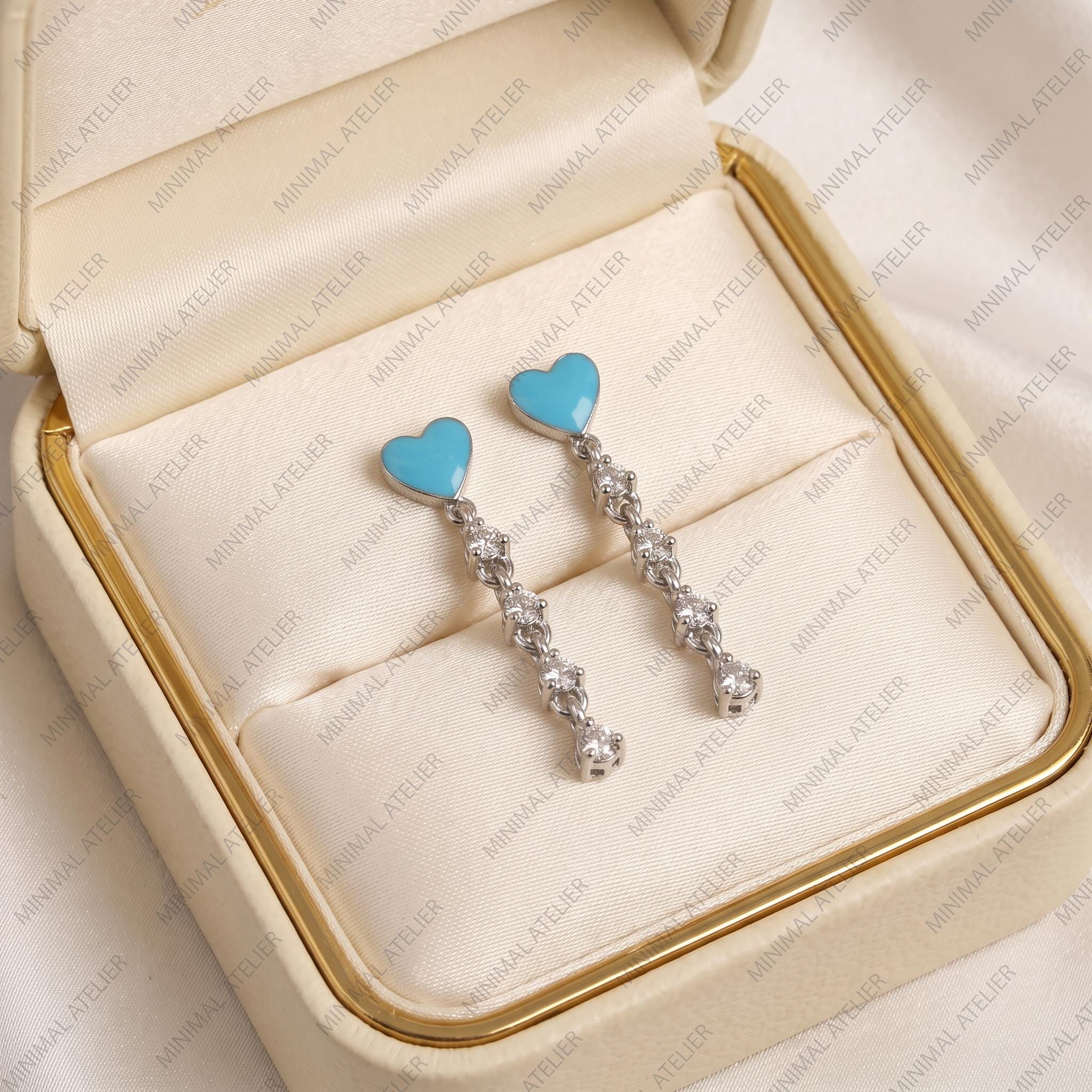 Lab Turquoise Heart Dangle Earrings with Moissanite Linear Drop, Blue Heart Drop Earrings in Gold | Anniversary Gift for Her