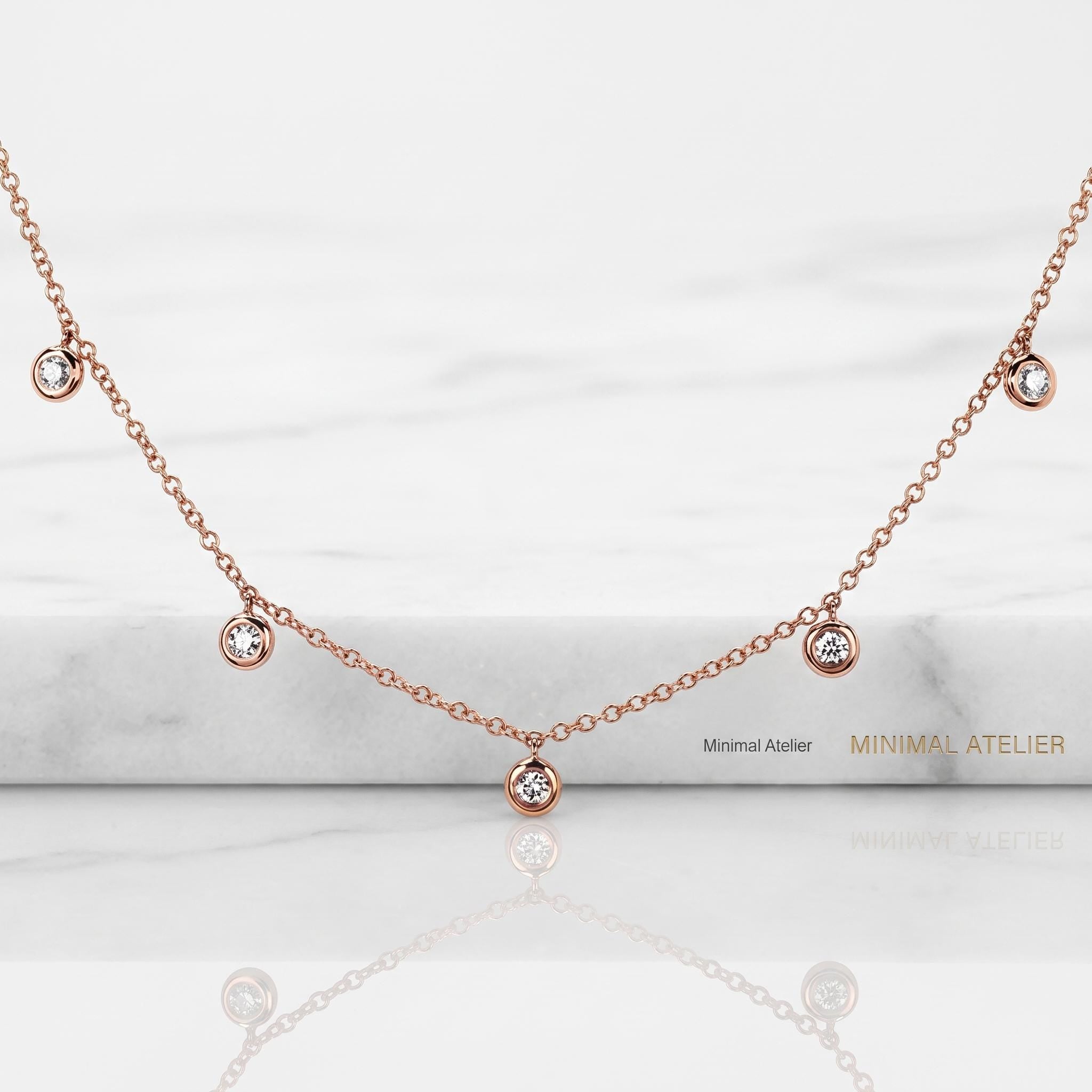 Moissanite Bezel Station Choker Necklace in Gold, 5-Stone Dainty Drop Choker | Minimalist Layering Necklace