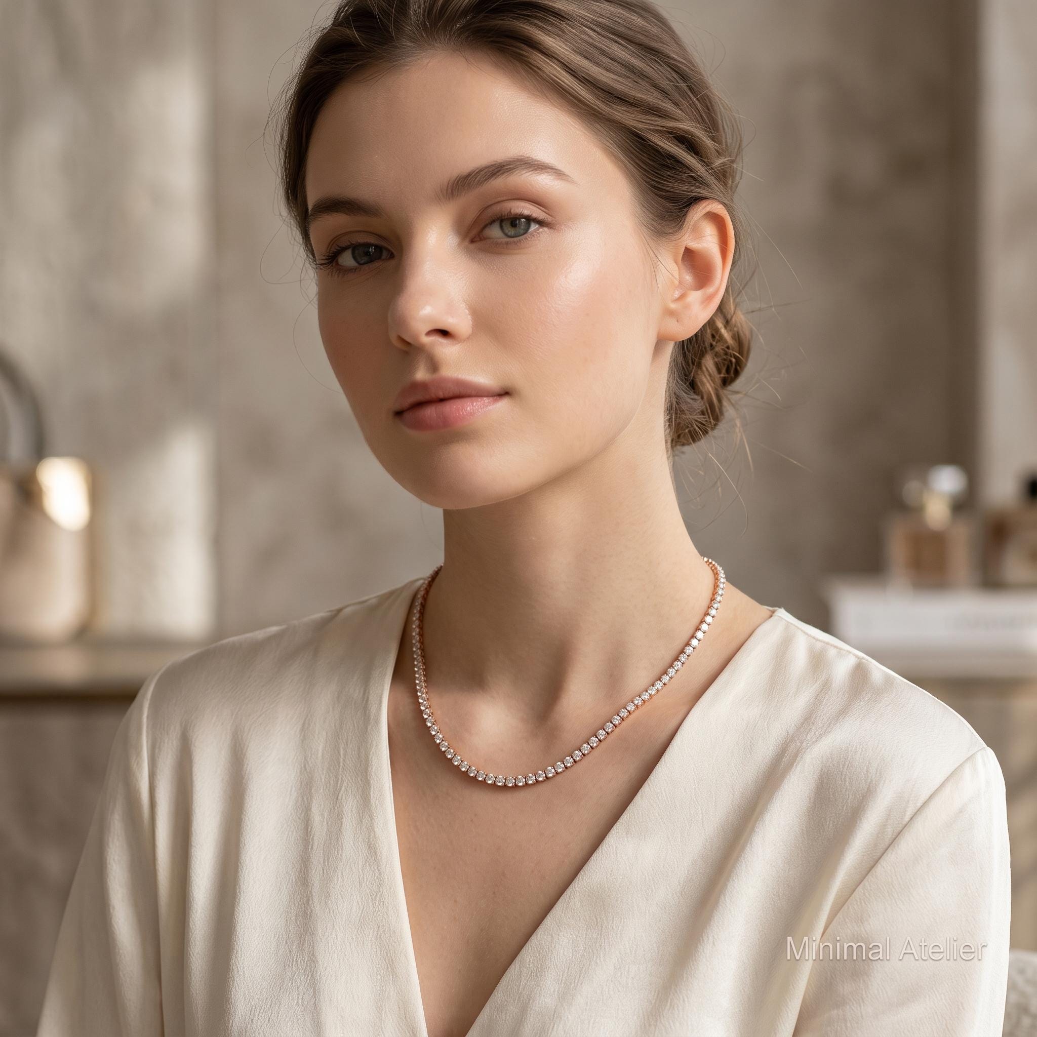 Lab Diamond & Moissanite Tennis Necklace in Gold, Round Cut Eternity Collar Necklace | Bridal Anniversary Gift for Her
