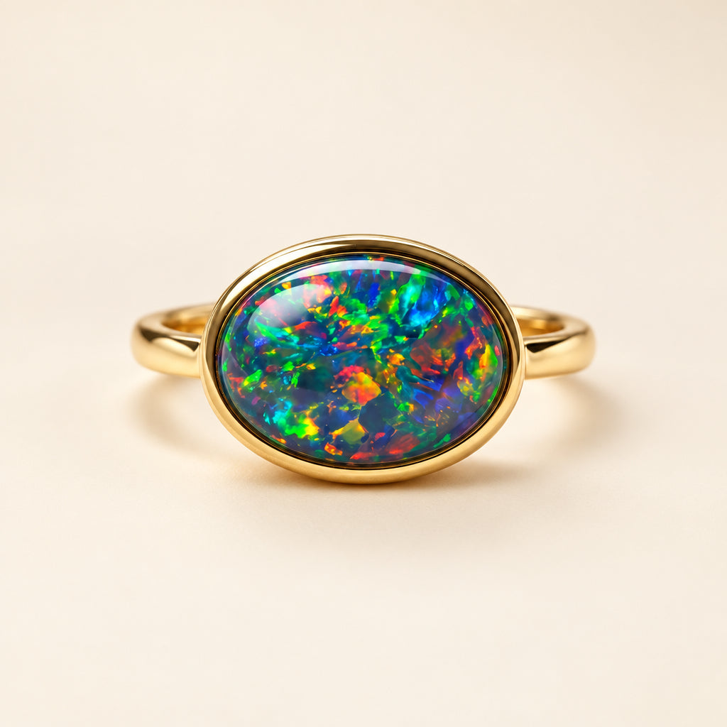 A gold ring with an oval opal gemstone displaying vibrant multicolor play-of-color, resting on draped cream-colored satin fabric.