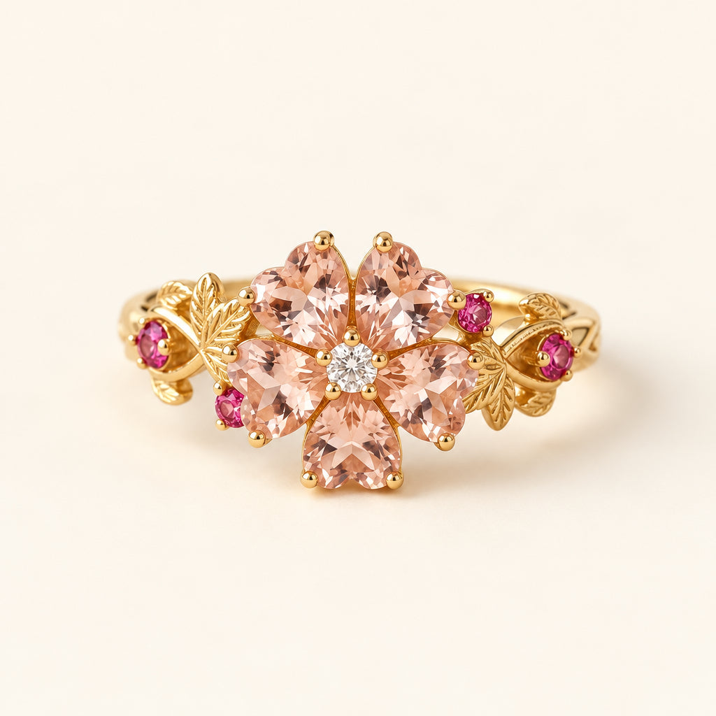 Peach Heart-Petal Flower Ring with Lab-Created Moissanite & Pink Sapphire