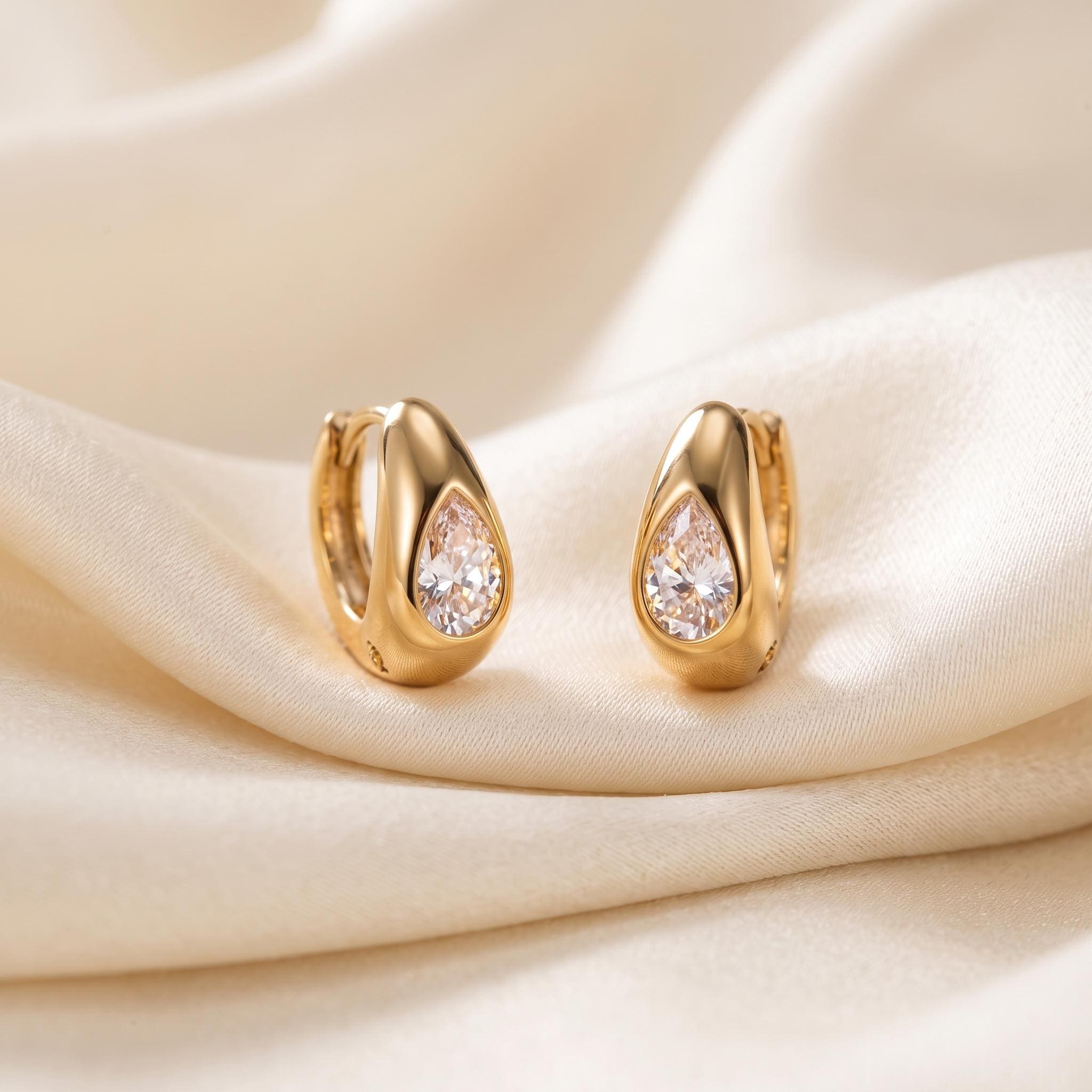 Moissanite Teardrop Chunky Huggie Hoop Earrings in Gold or Silver, Pear Cut Bold Hoop | Minimalist Statement Gift for Her