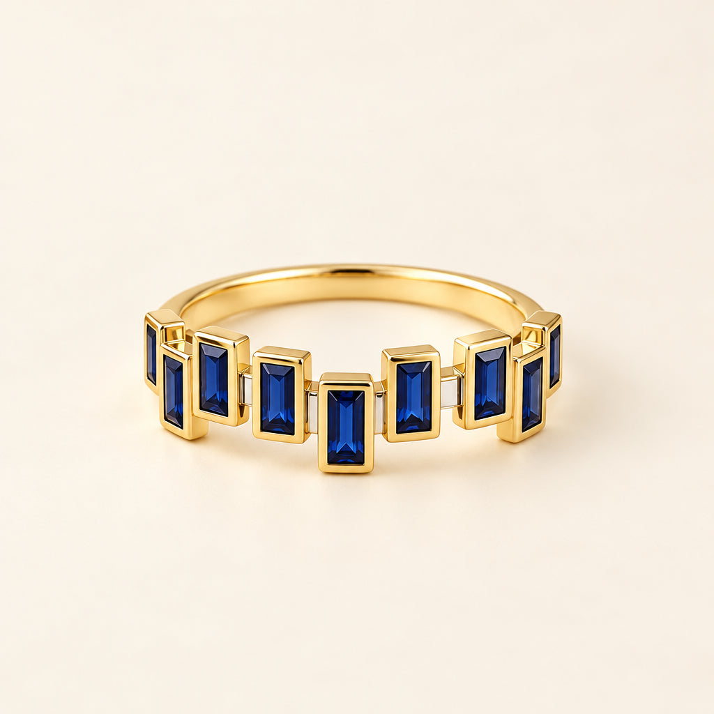 Lab-Created Blue Sapphire Baguette Half Eternity Band | Staggered Design