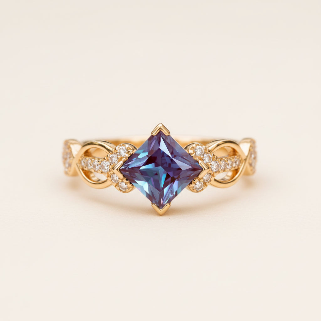 A gold ring with a large blue marquise-cut center stone and small clear accent stones on the band, photographed resting on a textured stone surface with blurred green foliage in the background.