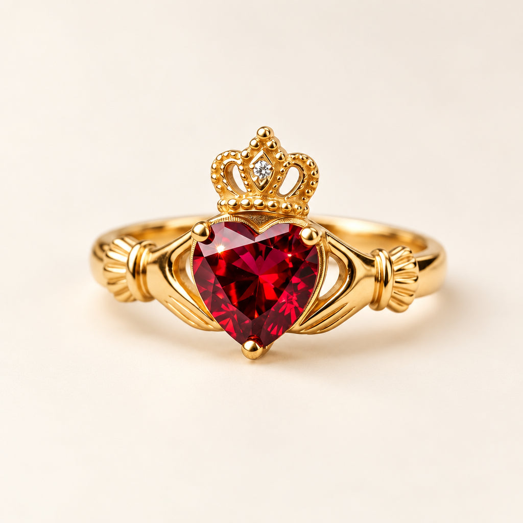 A gold-plated clasp ring featuring a heart-shaped red gemstone and a small crown on top, resting on a textured white fabric background.