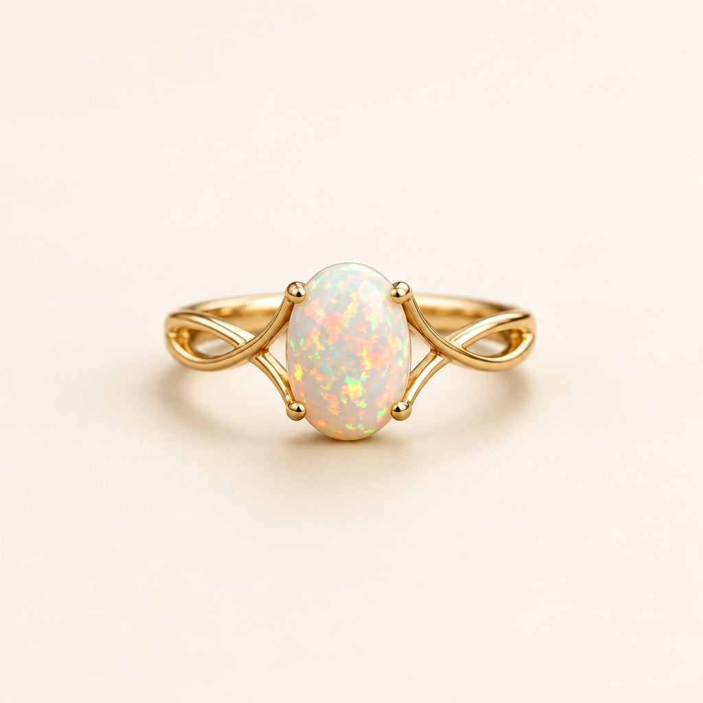 A gold ring with an oval opal gemstone resting on a textured stone surface with a blurred natural background. The opal displays a play-of-color with pink, green, and blue flashes.