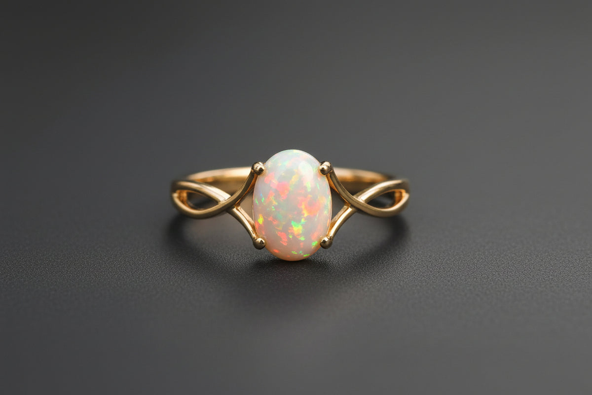 A gold ring with an oval opal gemstone resting on a textured stone surface with a blurred natural background. The opal displays a play-of-color with pink, green, and blue flashes.