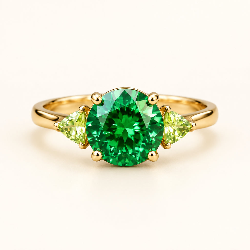 A yellow gold ring featuring a large round-cut green emerald center stone and two smaller triangle-cut green side stones, displayed on a textured stone surface with a blurred natural background.