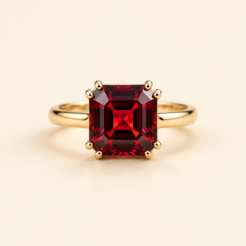 A square-cut deep red gemstone ring in a yellow gold setting, resting on a textured stone surface with a blurred natural background.